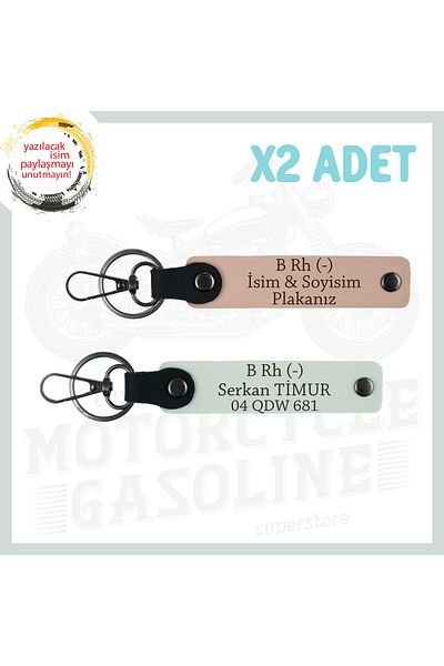 miawiki Motorcycle Lovers Special, Leather 2-Piece Keychain Set with Name Plate and B Rh (-) Written, Yavruağzı-White
