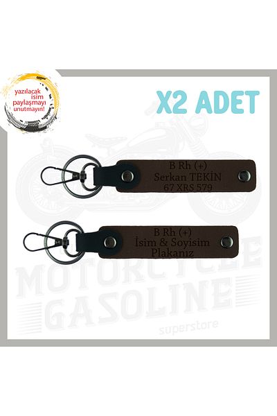 miawiki Biker Style Exclusive, Gift 2 Keychains with Name Plate and B Rh (+) Blood Type Written, Dark Brown