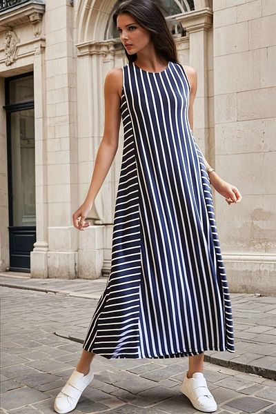 bacc Rochie lungă cu dungi fără mâneci, albastru bleumarin, pentru femei Bcbsk-25700-k5325