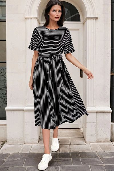 bacc Women's Black Crew Neck Striped Dress Bcbsk-25700-K6161