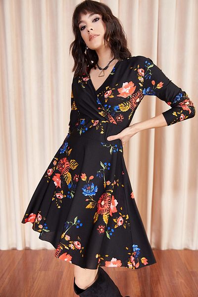 bacc Women's Black Double Breasted Collar Patterned Dress Bcbsk-25700-K4777