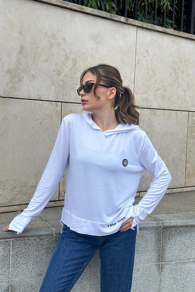 bacc Γυναικεία λευκή μαλακή μπλούζα με κουκούλα Bcbsk-25700-3172