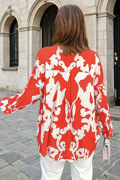 bacc Women's Red Patterned Oversize Long Sleeve Shirt Bcbsk-25700-3457