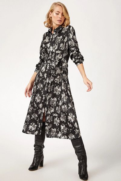 bacc Women's Black Long Patterned Shirt Dress Bcbsk-25700-K4749