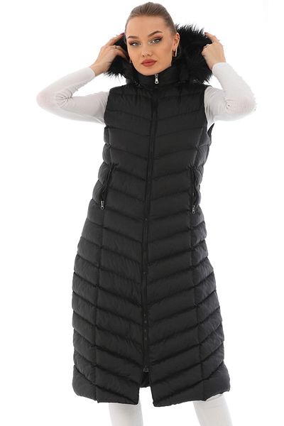 bacc Women's Black Hooded Fur Long Puffer Vest Bcbsk-25700-K7584