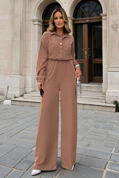 bacc Women's Brown Half Placket Elastic Waist Loose Wide Leg Pocket Loose Jumpsuit Bcbsk-25700-3360