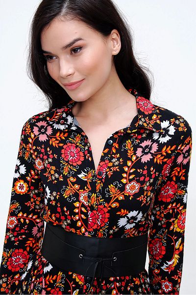 bacc Women's Black Yellow Light Fabric Patterned Shirt Dress Bcbsk-25650-2164-2