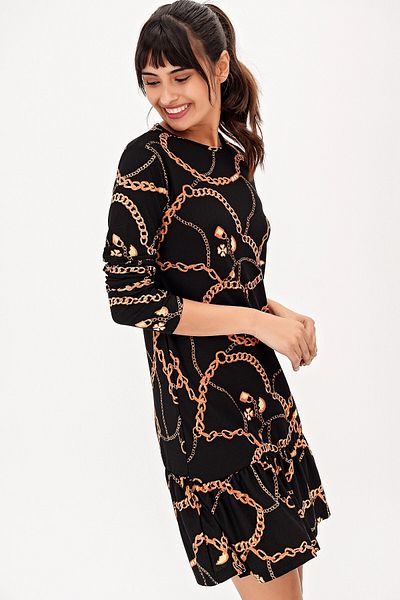 bacc Women's Black Crew Neck Patterned Dress Bcbsk-25700-T4008-1080