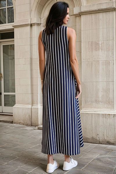 bacc Rochie lungă cu dungi fără mâneci, albastru bleumarin, pentru femei Bcbsk-25700-k5325