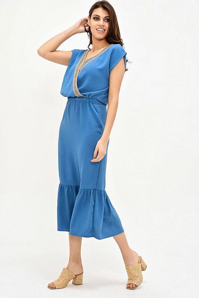 bacc Fusta brodata din paie indigo pentru femei Rochie lunga cu volane Bcbsk-25700-2856