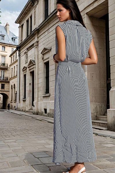 bacc Rochie cămașă lungă fără mâneci, neagră, albă, cu centură, Bcbsk-25700-3143