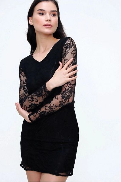 bacc Women's Black V-Neck Lace Detailed Dress Bcbsk-25700-T4007-1370