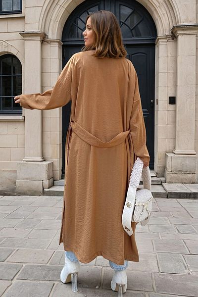 bacc Women's Tan Jacket Lapel Buttoned Pocket Self-Belted Loose Thin Trench Coat