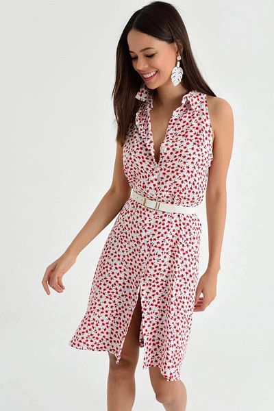 bacc Women's White Floral Patterned Shirt Collar Woven Dress Bcbsk-25700-K4160