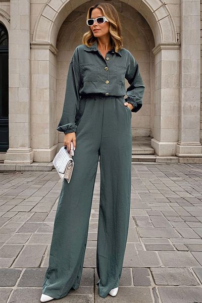 bacc Women's Khaki Half Placket Elastic Waist Loose Wide Leg Pocket Loose Jumpsuit Bcbsk-25700-3360