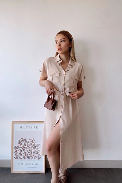 bacc Γυναικείο μπεζ φόρεμα με ζώνη τσέπης Safari Airobin Bcbsk-25700-k4045