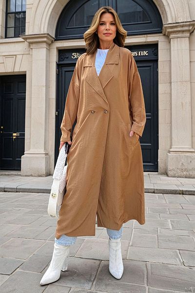 bacc Women's Tan Jacket Lapel Buttoned Pocket Self-Belted Loose Thin Trench Coat