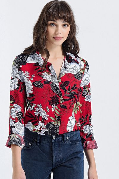 bacc Women's Red Long Sleeve Buttoned Oversize Shirt Bcbsk-25700-2711