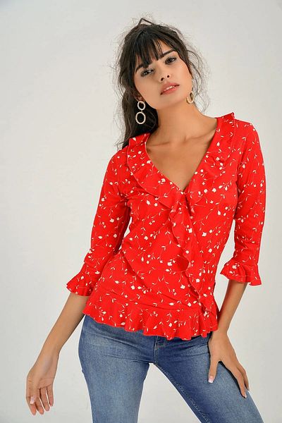 bacc Women's Red V-Neck Patterned Blouse Bcbsk-25700-T4010-1310