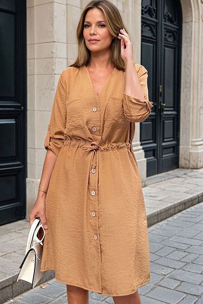 bacc Γυναικείο φόρεμα Caramel Modal με δεμένη μέση και τσέπες με κουμπιά μπροστά Bcbsk-25700-3411