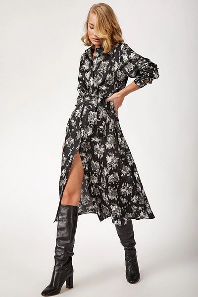 bacc Women's Black Long Patterned Shirt Dress Bcbsk-25700-K4749