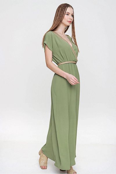bacc Women's Khaki Airobin Shoulder Buckle Straw Detailed Waist Drawstring Long Dress Bcbsk-25700-3127