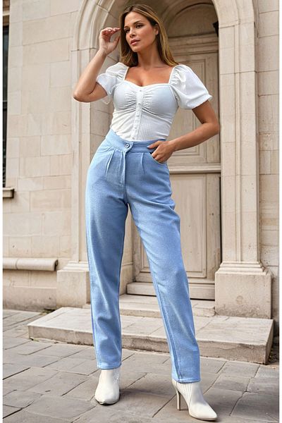 bacc Pantaloni plisați cu buzunare cu talie înaltă, albastru, cu model, pentru femei Bcbsk-25700-3448