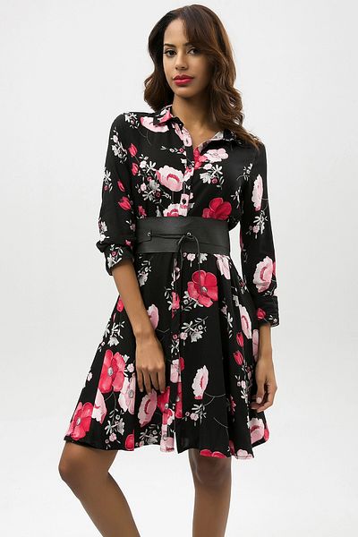 bacc Women's Black Floral Patterned Light Textured Shirt Dress Bcbsk-25650-2164