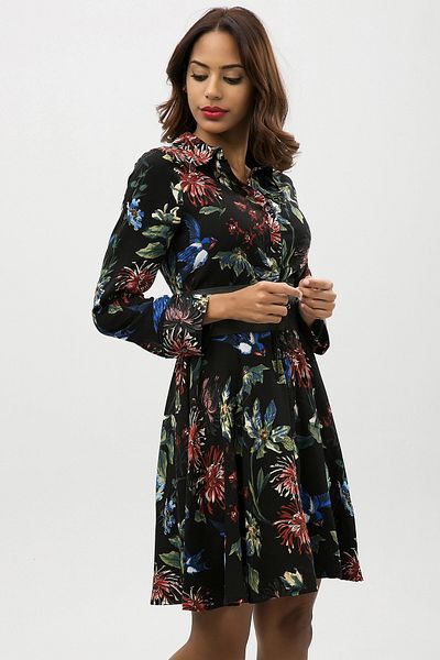 bacc Women's Black Green Floral Patterned Light Textured Shirt Dress Bcbsk-25650-2164