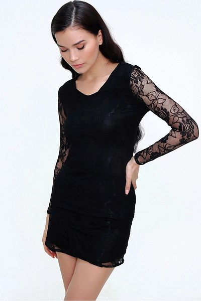 bacc Women's Black V-Neck Lace Detailed Dress Bcbsk-25700-T4007-1370