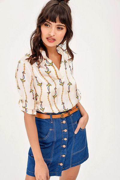 bacc Women's Ecru Patterned V-Neck Satin Blouse Bcbsk-25700-T4011-2015