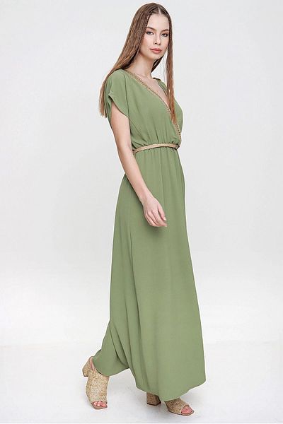bacc Women's Khaki Airobin Shoulder Buckle Straw Detailed Waist Drawstring Long Dress Bcbsk-25700-3127
