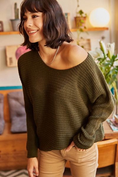 bacc Women's Khaki Wide Collar Bat Sleeve Knitwear Sweater Bcbsk-25700-K7555