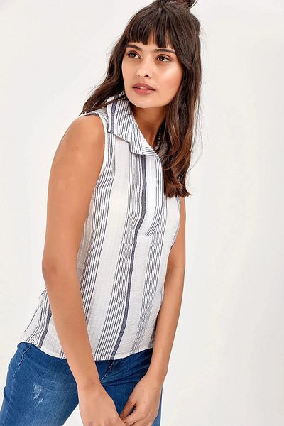 bacc Women's Ecru Navy Blue Soft Textured Tank Top Bcbsk-25700-2346