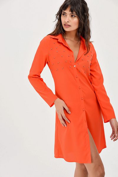 bacc Women's Orange Stone Detailed Shirt Dress Bcbsk-25700-2573