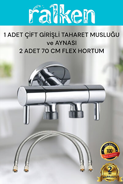 RALKEN Lüx Taharet Musluğu Seti 1 Adet Çift Girişli Taharet Musluğu & Ara Musluk ve 2 Adet 70cm Flex Hortum