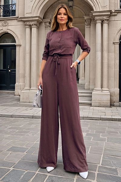 bacc Women's Brown Self-Belted Elastic Waist Half Placket Pocket Jumpsuit Bcbsk-25700-3297