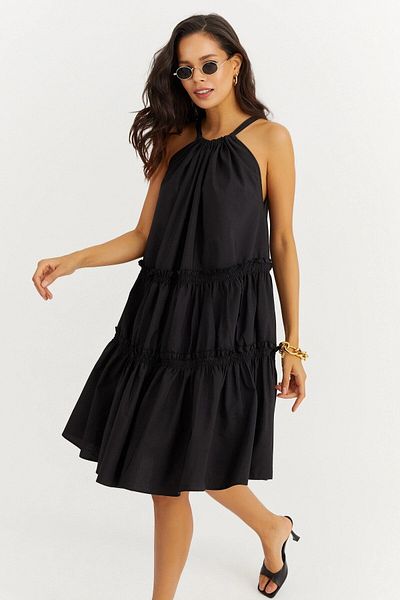 bacc Women's Black Halter Skirt Layered Ruffled Poplin Kiloş Dress Bcbsk-25700-K7172