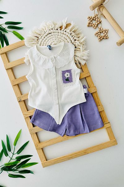 Minigimin Cicileri My Little One's Cicileri Guipure Collar Pocket Flower Knitted Detailed Cotton Baby Girl 2-Piece Shorts Set - Purple