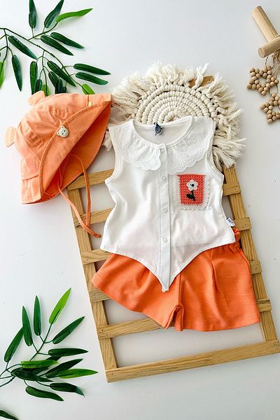 Minigimin Cicileri My Little One's Ciciler Guipure Collar Pocket Flower Knitted Detailed Cotton Baby Girl 2-Piece Shorts Set - Orange