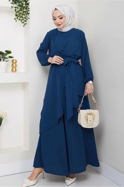 TRENDTESETTÜR Costum cu brâu albastru (petrol) pentru femei cu pantaloni T 3477