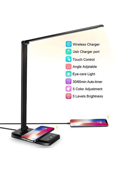 COOYA LED Desk Lamp, with Wireless Charger & USB Charging Port, 5 Lighting Modes, 39cm