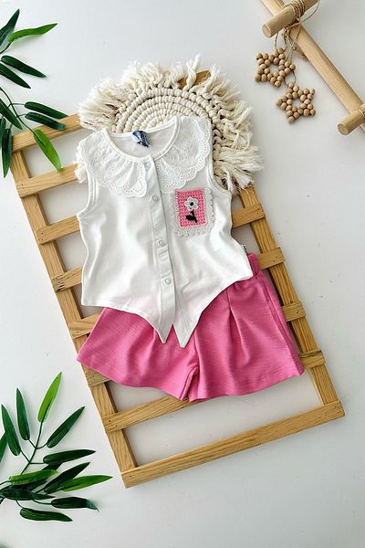 Minigimin Cicileri My Little One's Ciciler Guipure Collar Pocket Flower Knitted Detailed Cotton Baby Girl 2-Piece Shorts Set - Pink