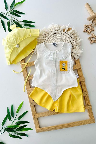 Minigimin Cicileri My Little One's Ciciler Guipure Collar Pocket Flower Knitted Detailed Cotton Baby Girl 2-Piece Shorts Set - Yellow