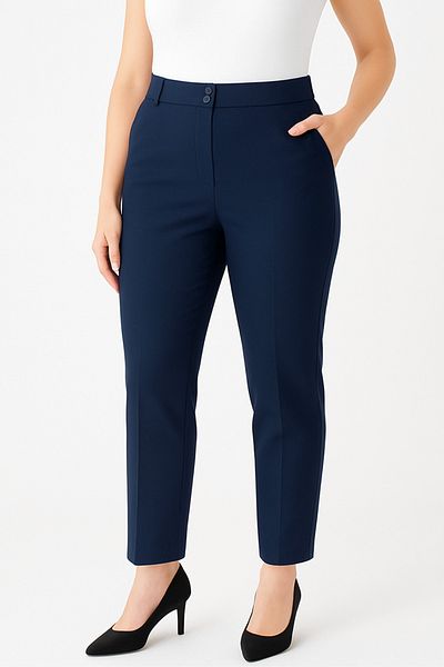Hanezza Large Size Navy Blue High Waist Lycra Ankle Length Pocket Fabric Trousers