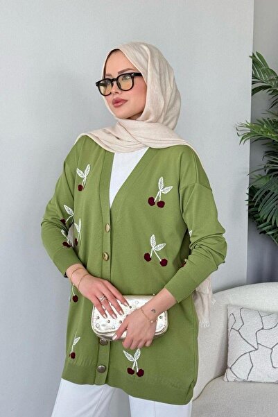 Şulemoda Giyim Μερσεριζέ Ζακέτα Πράσινη με Κεράσια