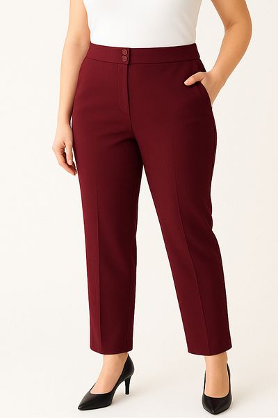 Hanezza Pantaloni din țesătură din lycra cu talie înaltă, burgundă, până la gleznă, cu buzunare