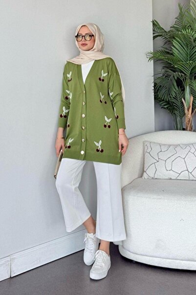 Şulemoda Giyim Μερσεριζέ Ζακέτα Πράσινη με Κεράσια