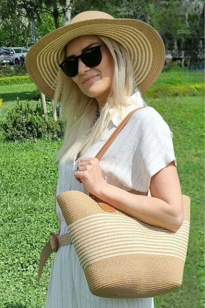 Uniquetrenders Γυναικεία ριγέ ψάθινη καλοκαιρινή τσάντα παραλίας Τσάντα ώμου