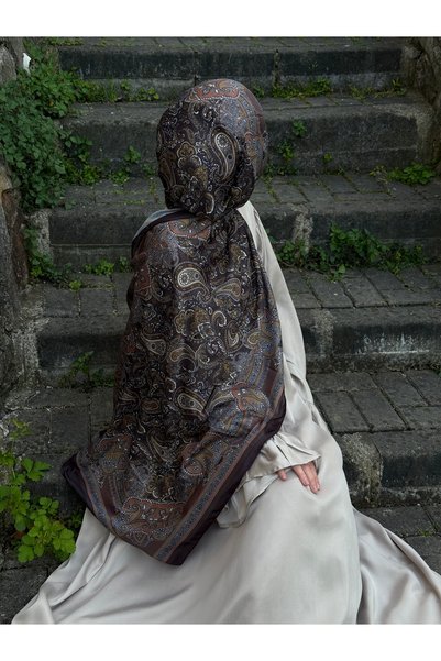Qalortex Scarf Şal din bumbac cu model etnic-maro